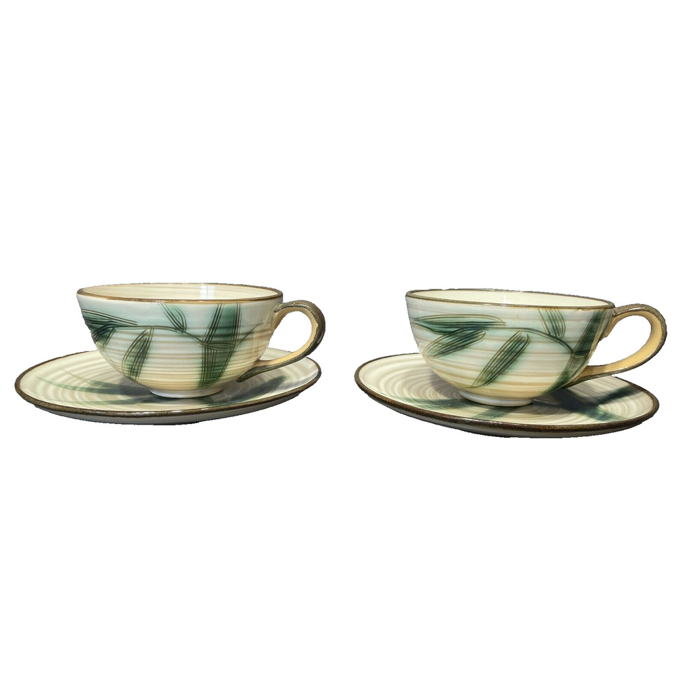 Showa Stone Ware Bamboo Pattern Tea Coffee Cups (2) W/ Saucers (2) Hand Crafted